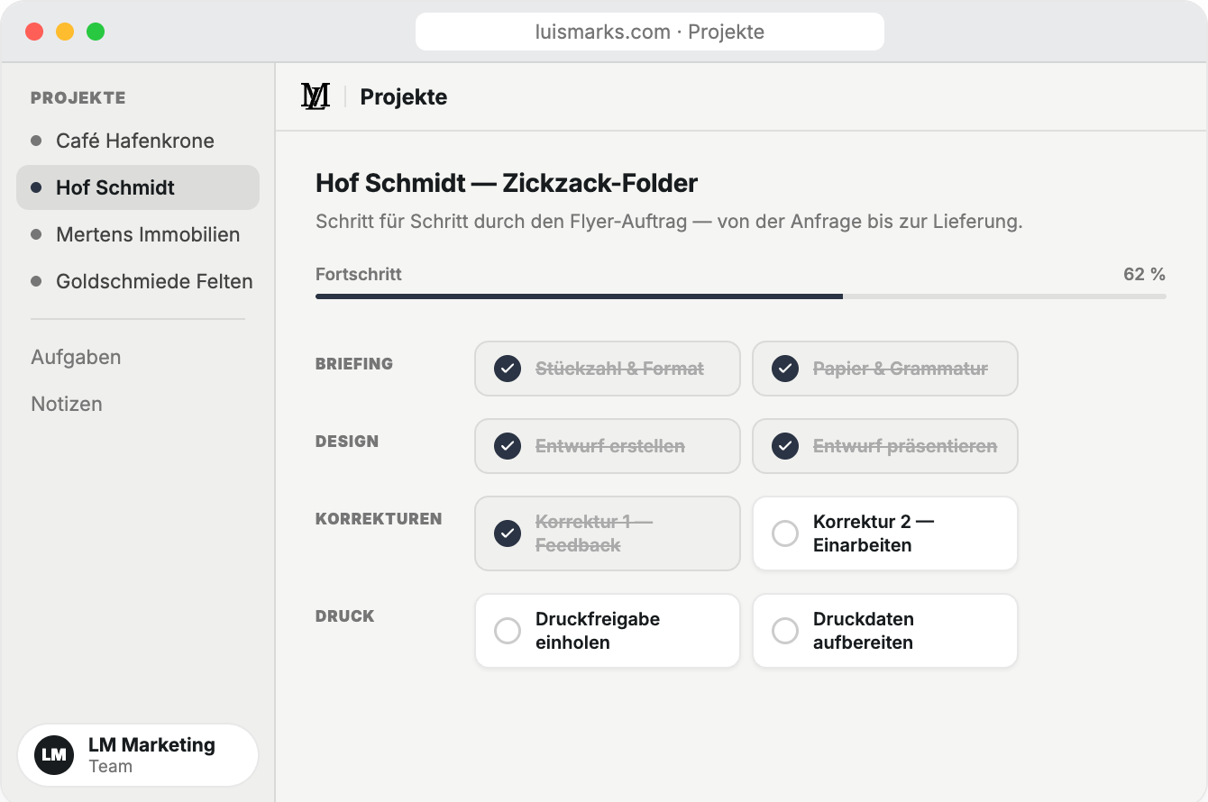 LM Projekte – Projektübersicht eines Auftrags