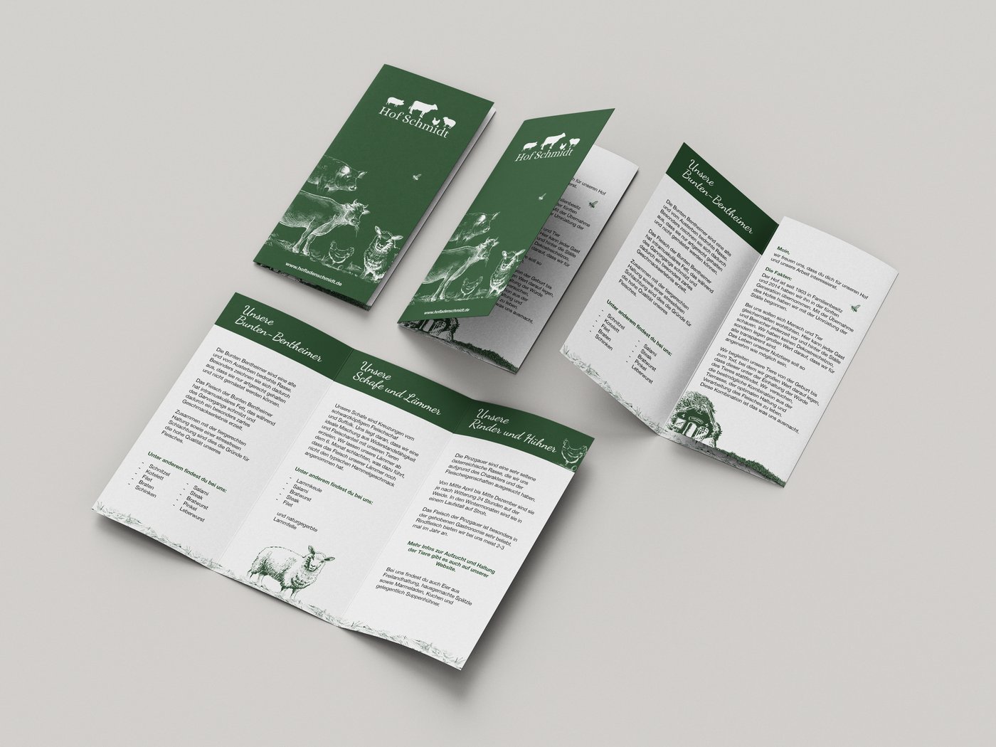 Dreifach gefalteter Flyer für Hof Schmidt